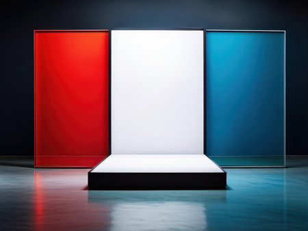 A minimalist art installation featuring a podium flanked by large colored panels in red and blueの素材