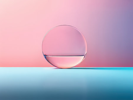 A serene display featuring a clear liquid in an elegant glass bowl against a pink and blue gradient backgroundの素材