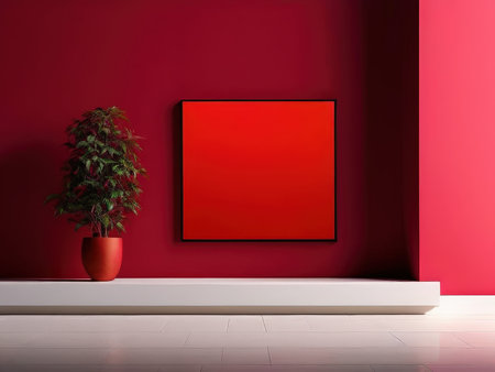 Contemporary room design featuring red tones with art piece as focal pointの素材