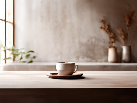 A serene scene featuring a coffee cup on a wooden table with soft natural lighting and dried plants in the backgroundの素材
