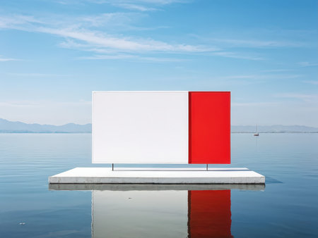 A minimalist floating structure with contrasting colors evokes a sense of calm and reflectionの素材