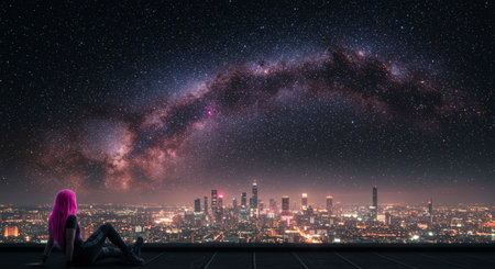 A city skyline bathed in starlight, a person with pink hair enjoying the view from high altitude, as seen through an open window or perhaps from outside a planeの素材