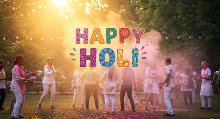 People of all ages come together to celebrate Holi in vibrant colors and joyful spirit, creating a colorful and cheerful atmosphere filled with happiness and unityの素材