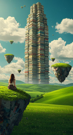 A girl gazes up at towering stacks of books in her study, captivated by knowledges vast heightsの素材