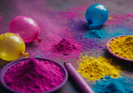 The picture shows a variety of colored powders, balloons, and a stick on a surface that has been splattered with even more colors. The different shades range from pink to yellow and blue, creating a vibrant scene. There is no human presence or indication of specific actions taking place in the image.の素材