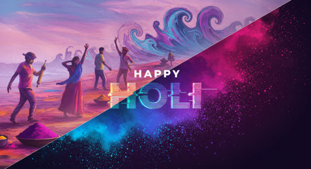 Joyful Holi celebration in vibrant digital art colors dancing across screensの素材