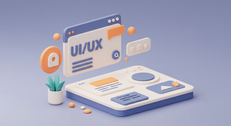 A vibrant infographic highlighting key elements of UIUX design with icons, flowcharts, and user interface examplesの素材