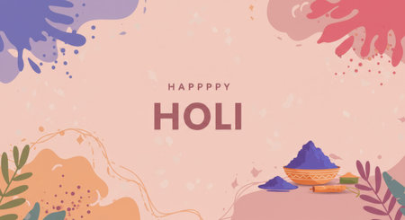 The animated banner displays a stylized depiction of colorful Holi powder, symbolizing joyous celebration. The word HOLI appears prominently at the center amidst playful splashes of color. This lively visual conveys festive energy while celebrating India&#39;s vibrant and inclusive festival known for its emphasis on unity and acceptance through colorful celebrations.の素材