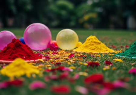 The picture displays a colorful outdoor scene with different colored powders, balloons, petals scattered on grass. The background is blurred, focusing attention on these vibrant objects.の素材