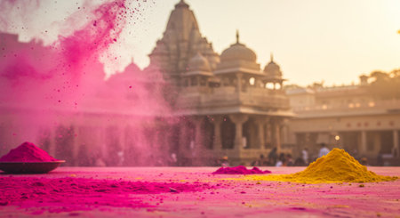 The picture shows a cultural festival where people play with colored powders. The background features an ornate temple, which is likely of religious significance to those celebrating. This scene highlights community participation, joyous celebration, and traditional rituals associated with such events.の素材