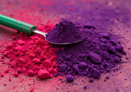 A vibrant display of purple, red, pink, orange powders. A scoop is shown to be picking up powder from these colors creating a contrast with its green color handle. The focus on one particular pile is sharp while others are blurred out giving the illusion that it&#39;s being lit by different colored lights which create an abstract background effect.の素材