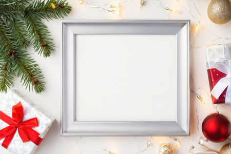 A festive Christmasthemed setting with a blank frame at the centerの素材