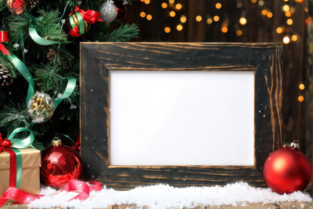A rustic wooden photo frame beside a decorated Christmas tree with presents and ornamentsの素材