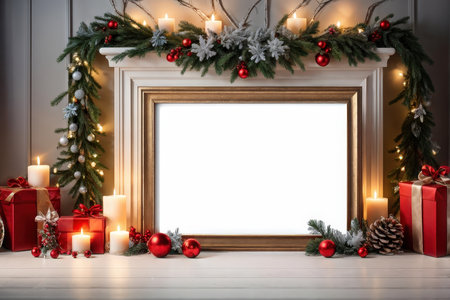 A festive Christmas scene with a blank frame at the centerの素材