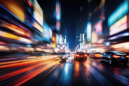 Nighttime cityscape with illuminated streets and cars in motionの素材