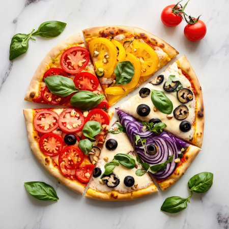 A visually appealing gourmet pizza with various toppings served on a marble surfaceの素材