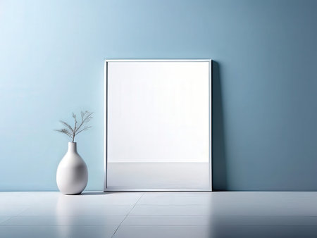 A minimalist still life with a white board and vase on a blue floorの素材