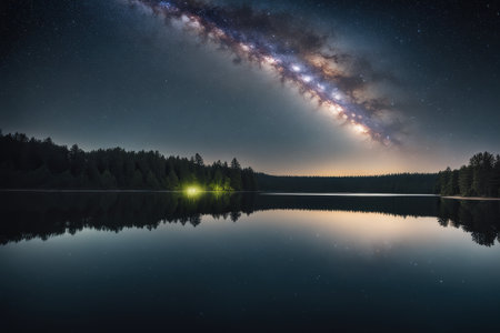 A tranquil night scene with the Milky Way over a reflective lake and forestの素材
