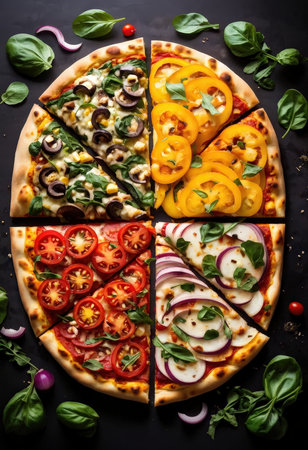 A gourmet pizza adorned with fresh toppings and herbs on a dark surfaceの素材