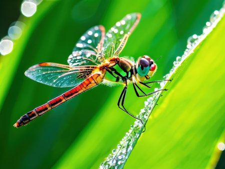 A closeup shot of a dragonfly on dewy grass with a green backdropの素材