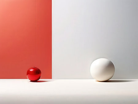A minimalist composition with a red sphere and white egg on contrasting backgroundsの素材