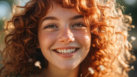 A closeup portrayal of a joyful individual with curly red hair illuminated by the golden light of sunlightの素材