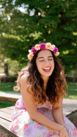 A joyful woman in a floral dress and crown smiles while sitting outdoors on a sunny dayの素材