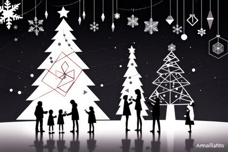 A festive silhouetted family celebrates Christmas under stylized trees and ornamentsの素材