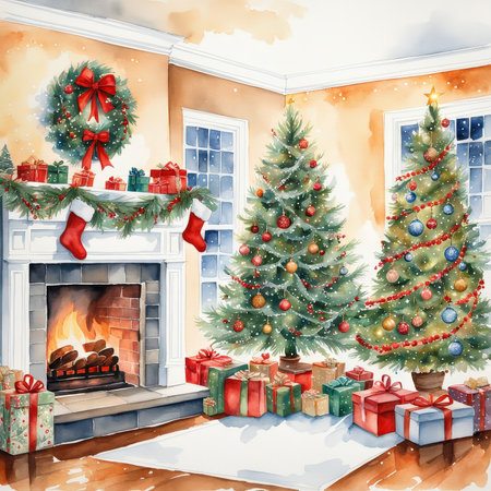 A cozy Christmas interior with decorated trees and presentsの素材