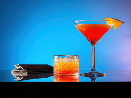 A still life with cocktails and a newspaper evoking leisurely relaxation against a blue backdropの素材