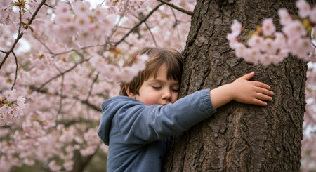 Cute little boy hugging a cherry blossom tree in spring timeの素材