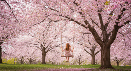 Beautiful girl swinging on cherry blossom tree in spring time.の素材