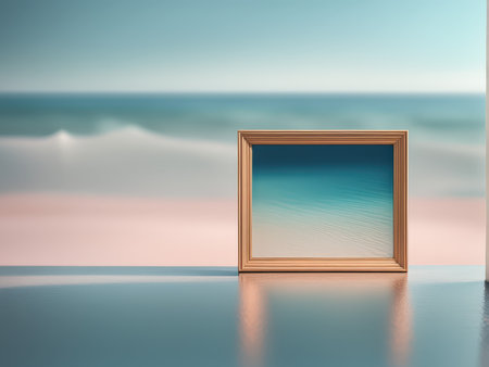A surreal beach scene with a mirror reflecting the ocean on waterの素材