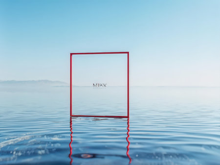 A solitary red frame floating in calm blue waters under a clear skyの素材