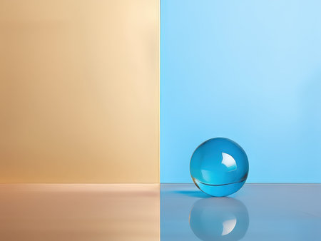 A contrasting minimalist composition with a reflective blue sphere on a smooth surfaceの素材