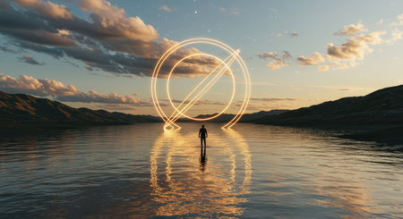 A solitary figure standing in a tranquil lake with an ethereal light circle surrounding them at sunsetの素材