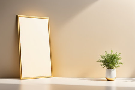 A minimalist setting with a blank canvas and plant conveying tranquilityの素材