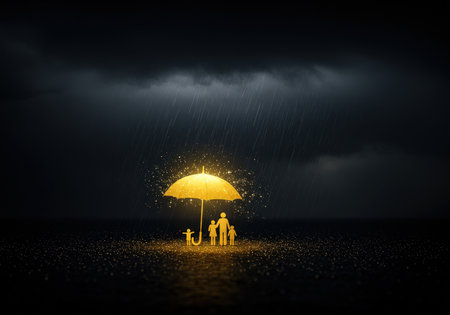 A glowing umbrella shelters a silhouette of an adult and two children amidst raindrops under a dark skyの素材