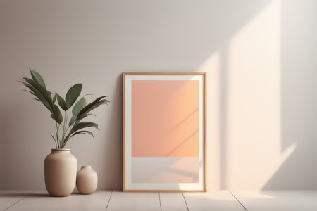 Minimalist interior with a framed canvas and decorative vasesの素材