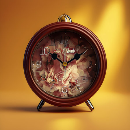 A classic alarm clock with a floral design at sunsetの素材