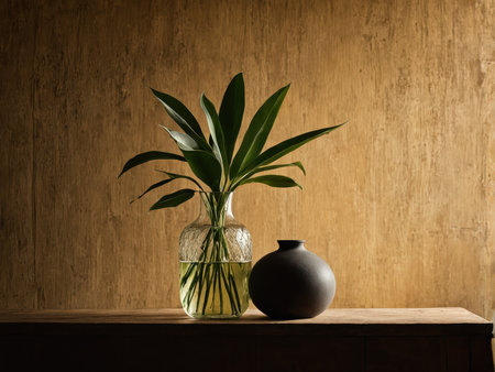 A serene still life with a vase of green plants and two pottery pieces on a wooden surfaceの素材