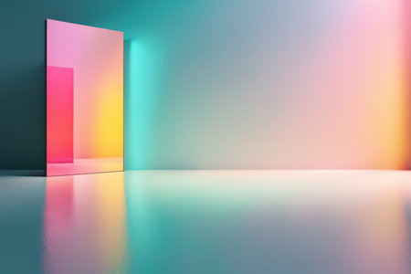A minimalist scene featuring a canvas with gradient colors reflecting on the floorの素材