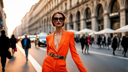 Stylish woman in a bright orange suit posing confidently on city streets at sunsetの素材