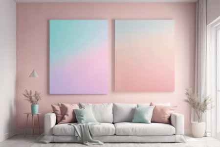 A modern living room with a pastel color scheme featuring large abstract paintings and minimalistic decorの素材