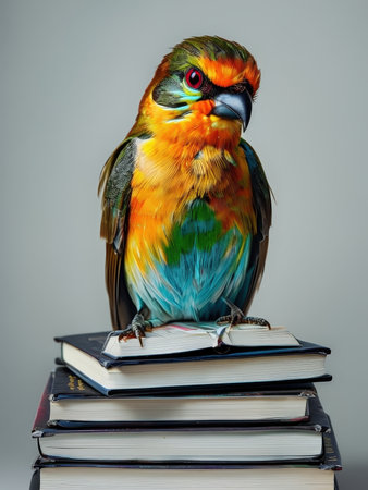 A colorful bird perched on a stack of books with red eyes and vivid plumageの素材