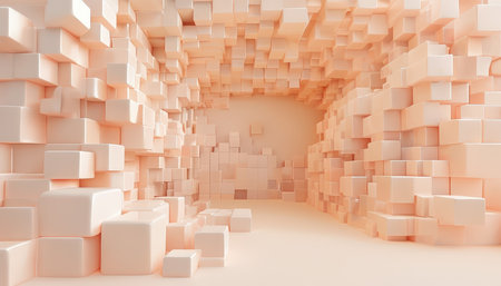 A corridor filled with uniformly sized and colored cubes in a pastel hueの素材