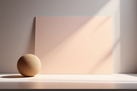 Minimalist still life with a ball and large blank canvas in soft lightingの素材