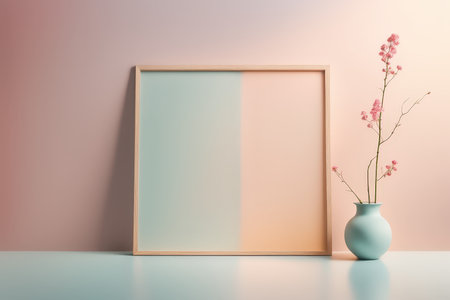 Minimalistic art piece with pastel colors and floral arrangement on a plain backgroundの素材