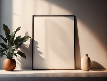 A minimalist still life arrangement with a blank canvas and decorative itemsの素材