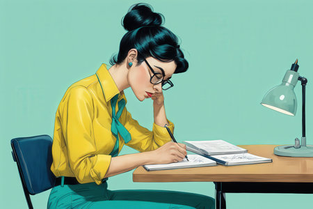 Contemplative woman in a yellow blouse writing at her desk under green lightingの素材